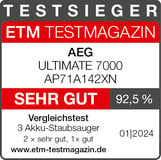AEG Akku-Hand-und Stielstaubsauger ULTIMATE Laufzeit % beutellos, (AP71A142XN), bis 2,2 Recyclingmaterial, extrem 60 Min. leicht 7000 kg, 50 zu